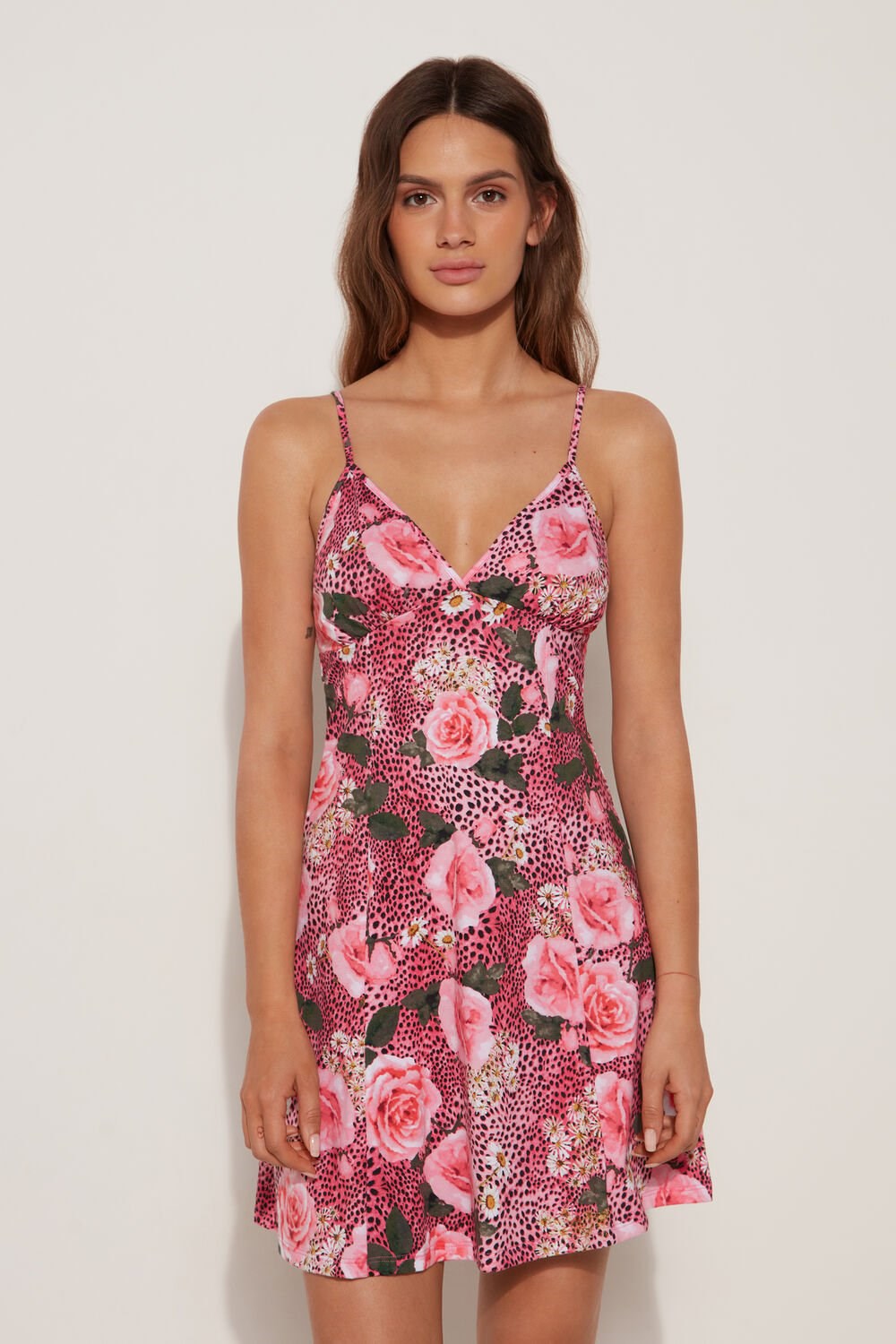 Pink Wild Rose Print 617v Tezenis V-Neck Mini Dress | 167205-BIM