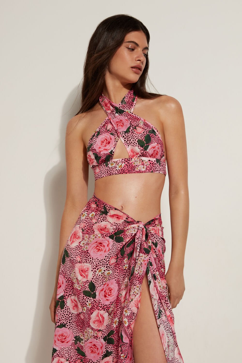 Pink Wild Rose Print 617v Tezenis Viscose Fabric Triangle Crop Top with Bands | 985460-RDZ