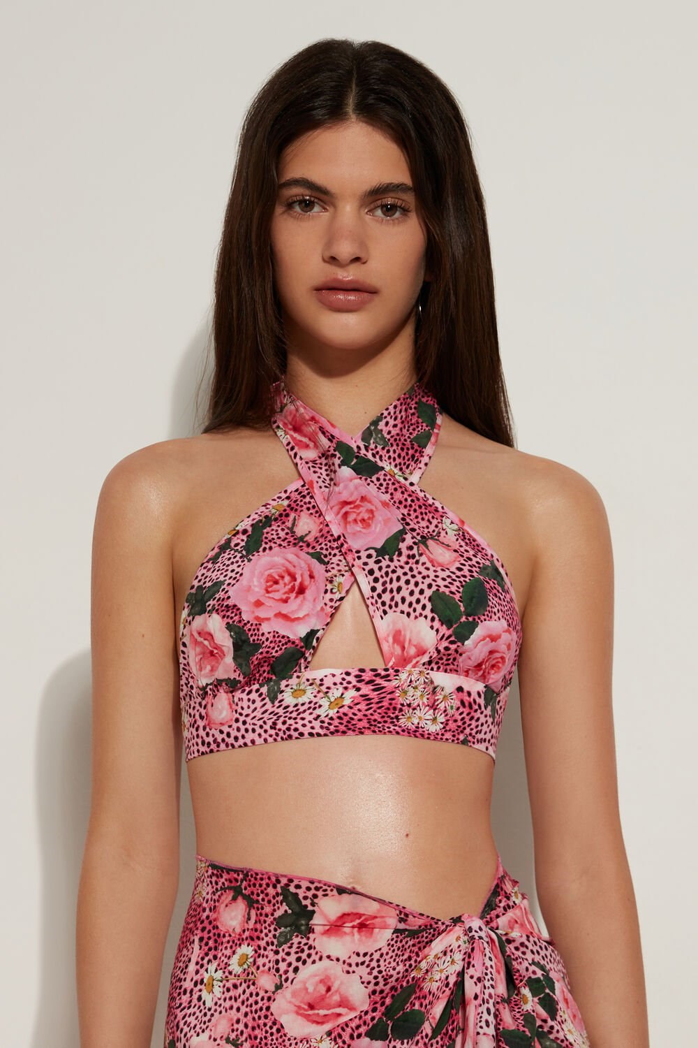 Pink Wild Rose Print 617v Tezenis Viscose Fabric Triangle Crop Top with Bands | 985460-RDZ