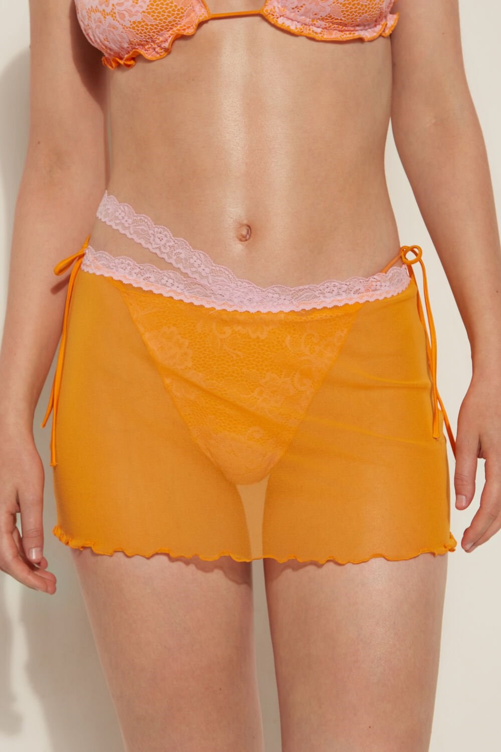 Print Sun Yellow/Lace Pink 699v Tezenis Blush Lace Pareo Mini-Skirt | 507142-VOE