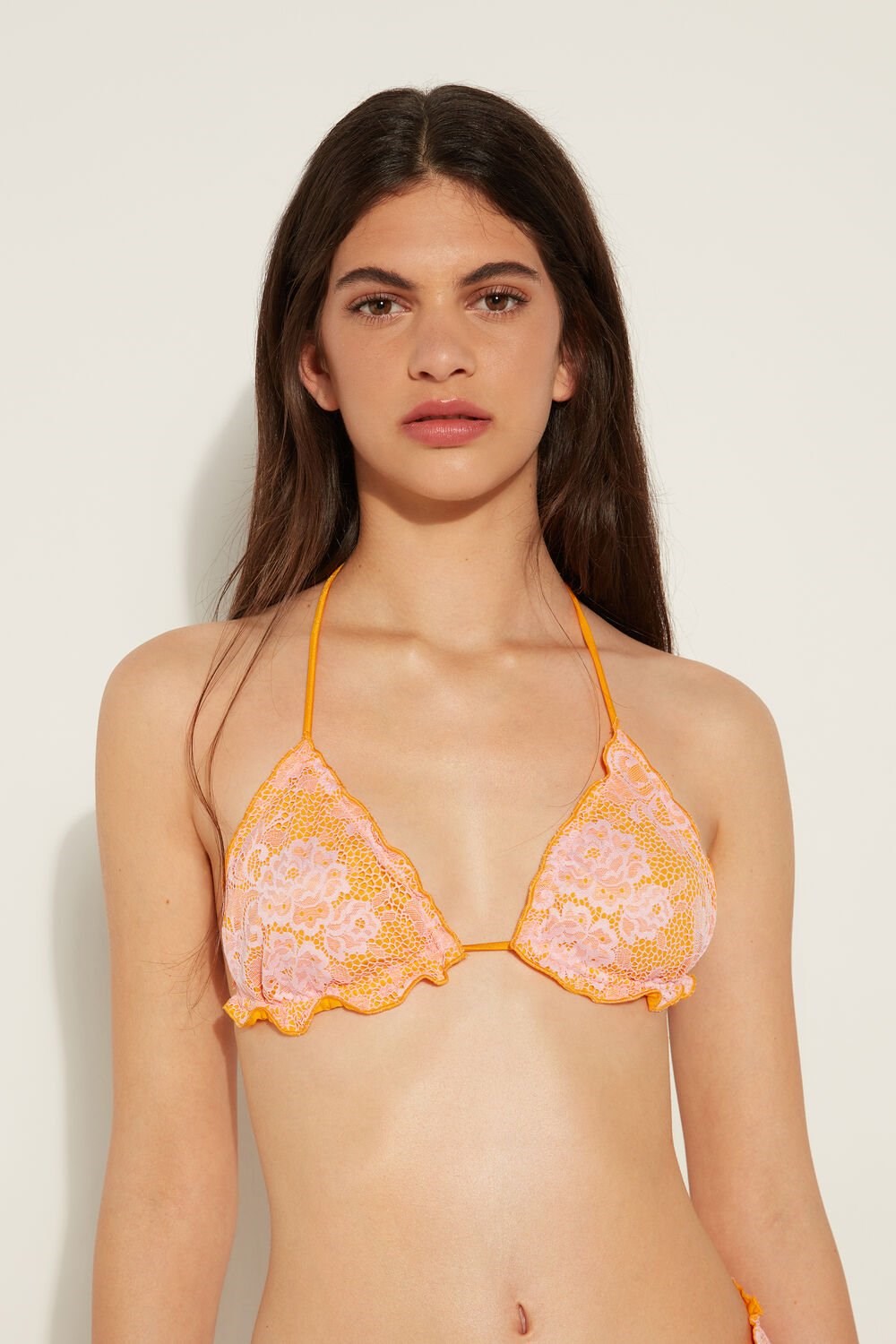 Print Sun Yellow/Lace Pink 699v Tezenis Blush Lace Triangle Bikini Top | 720683-GJO