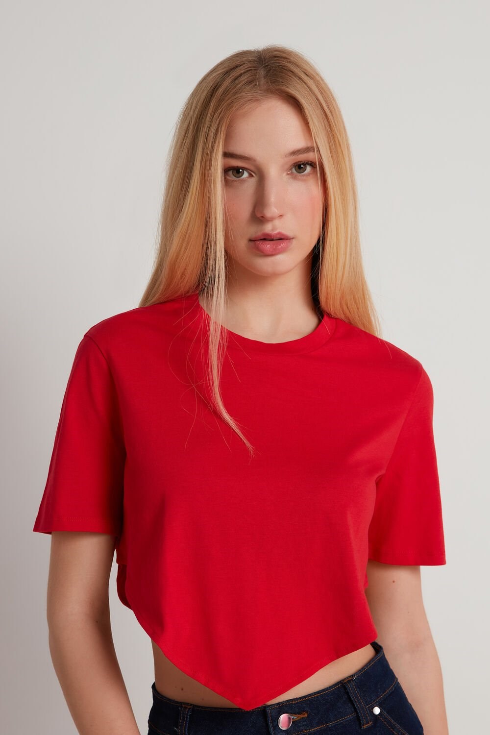 Red New Red 567v Tezenis Short-Sleeved Crop Top with V Cut | 307824-XKQ