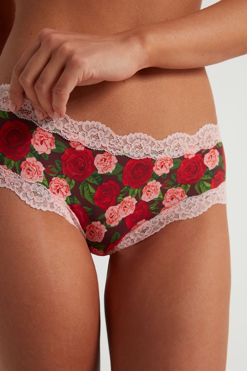 Red Rose Print 300v Tezenis Printed Microfiber and Lace Hipster Brazilian | 394601-COG