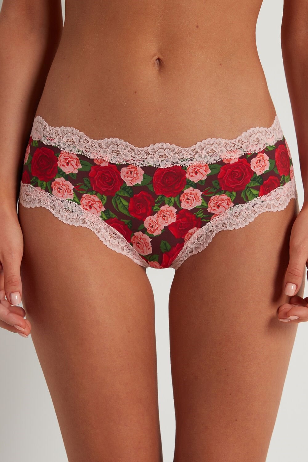 Red Rose Print 300v Tezenis Printed Microfiber and Lace Hipster Brazilian | 394601-COG