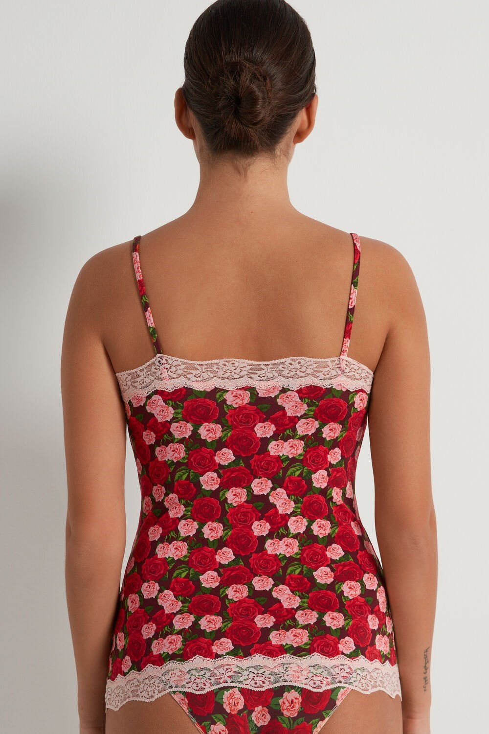 Red Rose Print 300v Tezenis V Neck Tank Top with Lace Insert | 920635-SAB