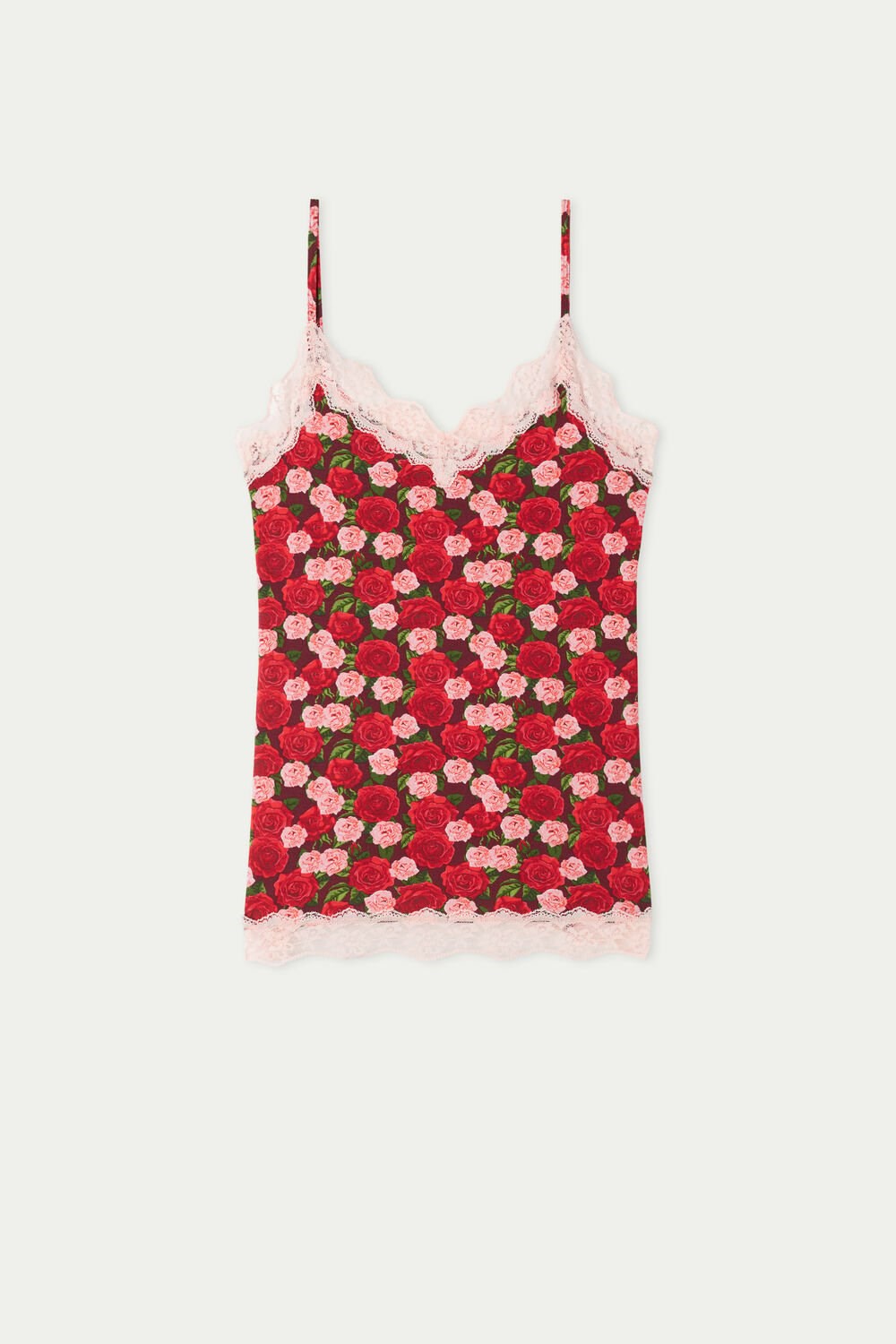 Red Rose Print 300v Tezenis V Neck Tank Top with Lace Insert | 920635-SAB