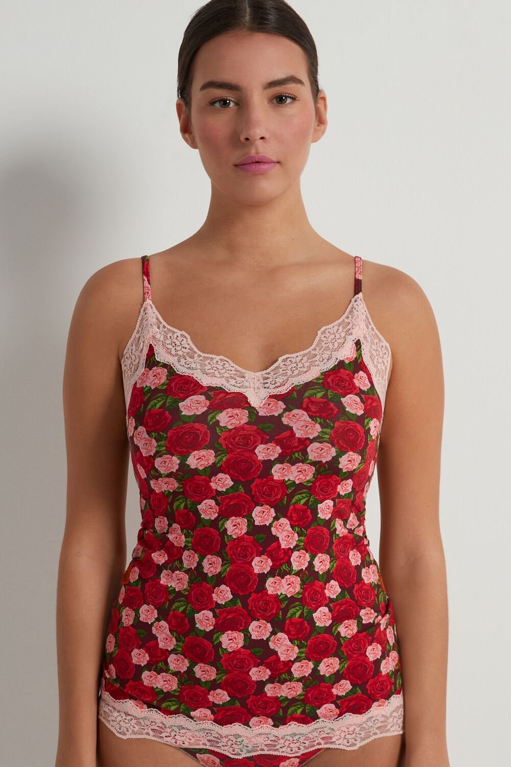 Red Rose Print 300v Tezenis V Neck Tank Top with Lace Insert | 920635-SAB