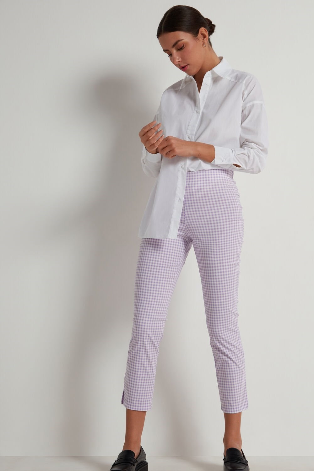 Violet Pastel Lilac Gingham Print 334v Tezenis Printed Capri Leggings | 160389-GJQ