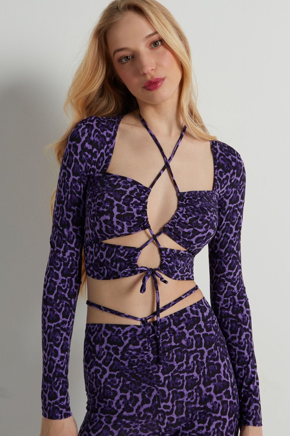 Violet Violet Animal Print 305v Tezenis Cropped Long-Sleeve Criss-Cross Top | 917206-UWR