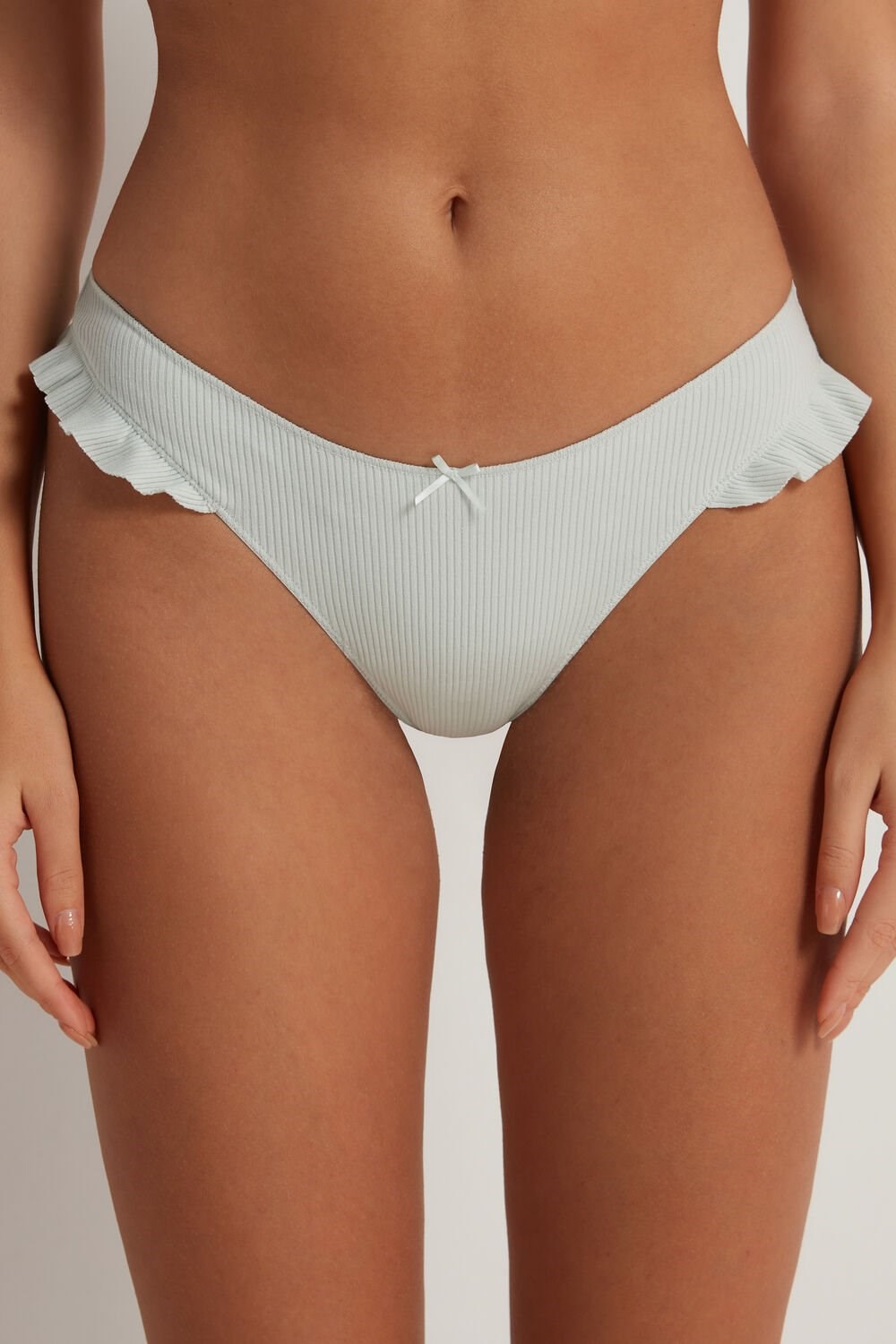 White Powder Green 311v Tezenis High-Cut Ribbed Cotton Brazilian Panties with Ruffles | 387406-RNI