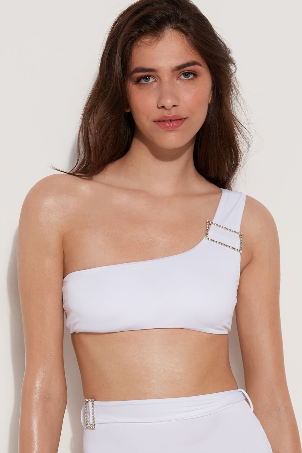 White White 001 Tezenis Crystal Buckle Bra-Style Bikini Top | 689203-AVI