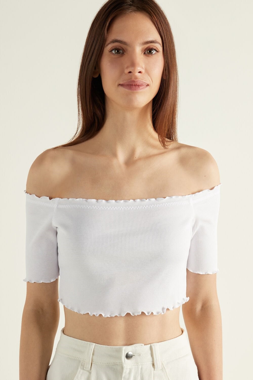 White White 001 Tezenis Half Sleeve Lettuce Leaf Trim Ribbed Crop Top | 680123-IFG