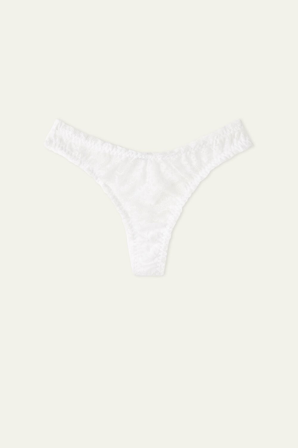 White White 001 Tezenis High-Cut Gathered Lace Brazilian Panties | 014386-GEI