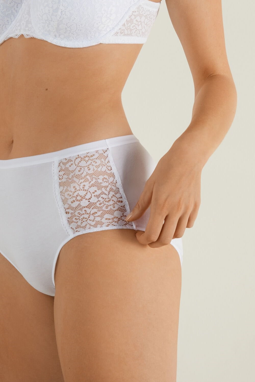 White White 001 Tezenis Recycled Cotton and Lace High-Leg Panties | 140879-LZN