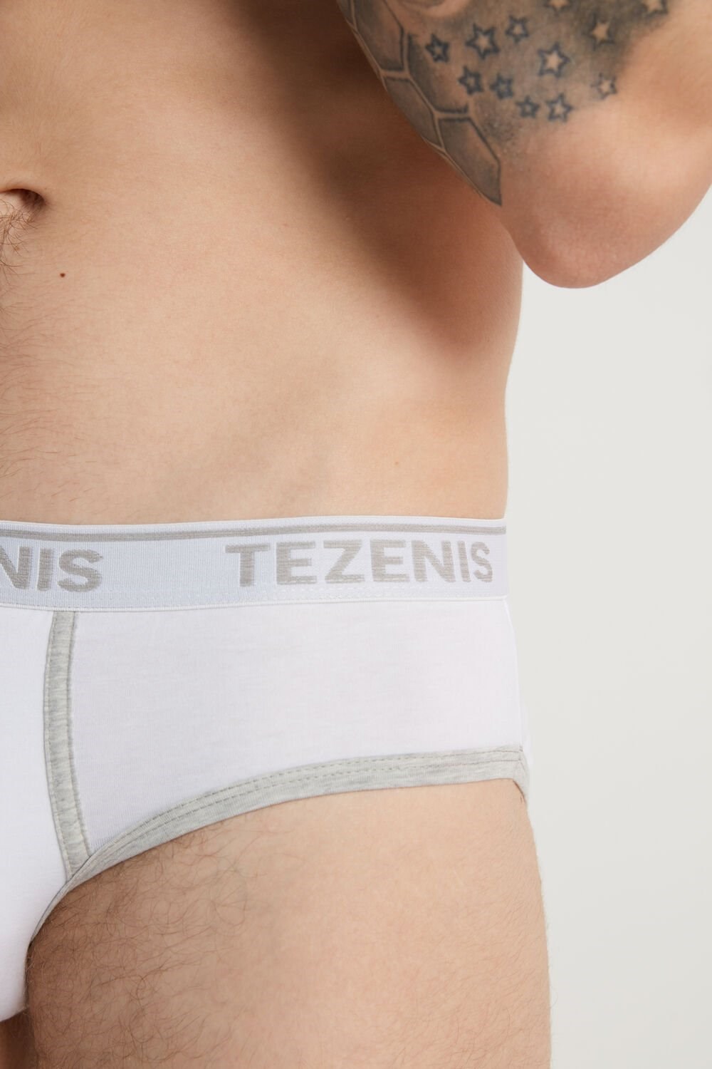 White White/Light Gray Heather 6001 Tezenis Cotton Logo Briefs with Contrasting Edging | 654183-BGY