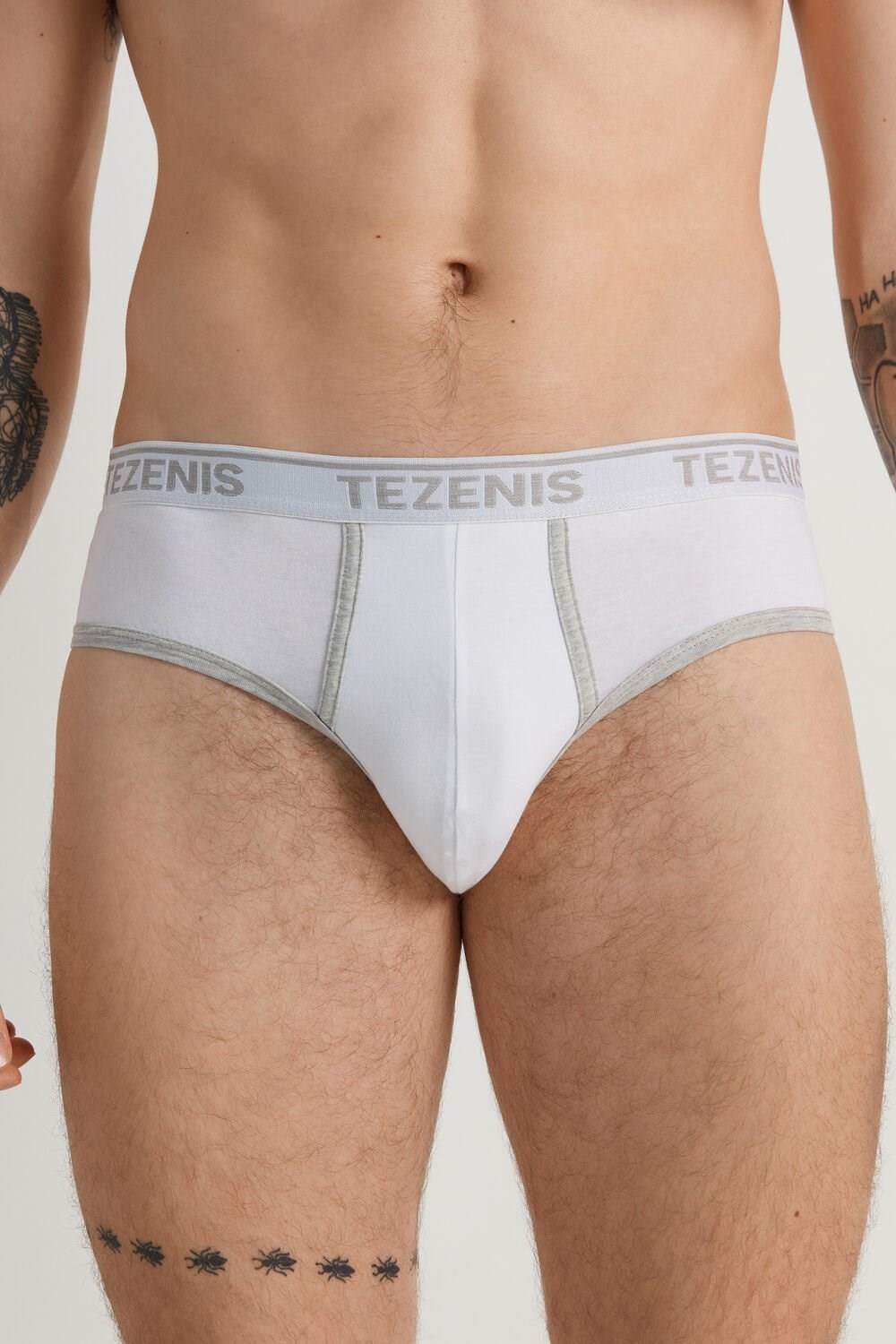 White White/Light Gray Heather 6001 Tezenis Cotton Logo Briefs with Contrasting Edging | 654183-BGY