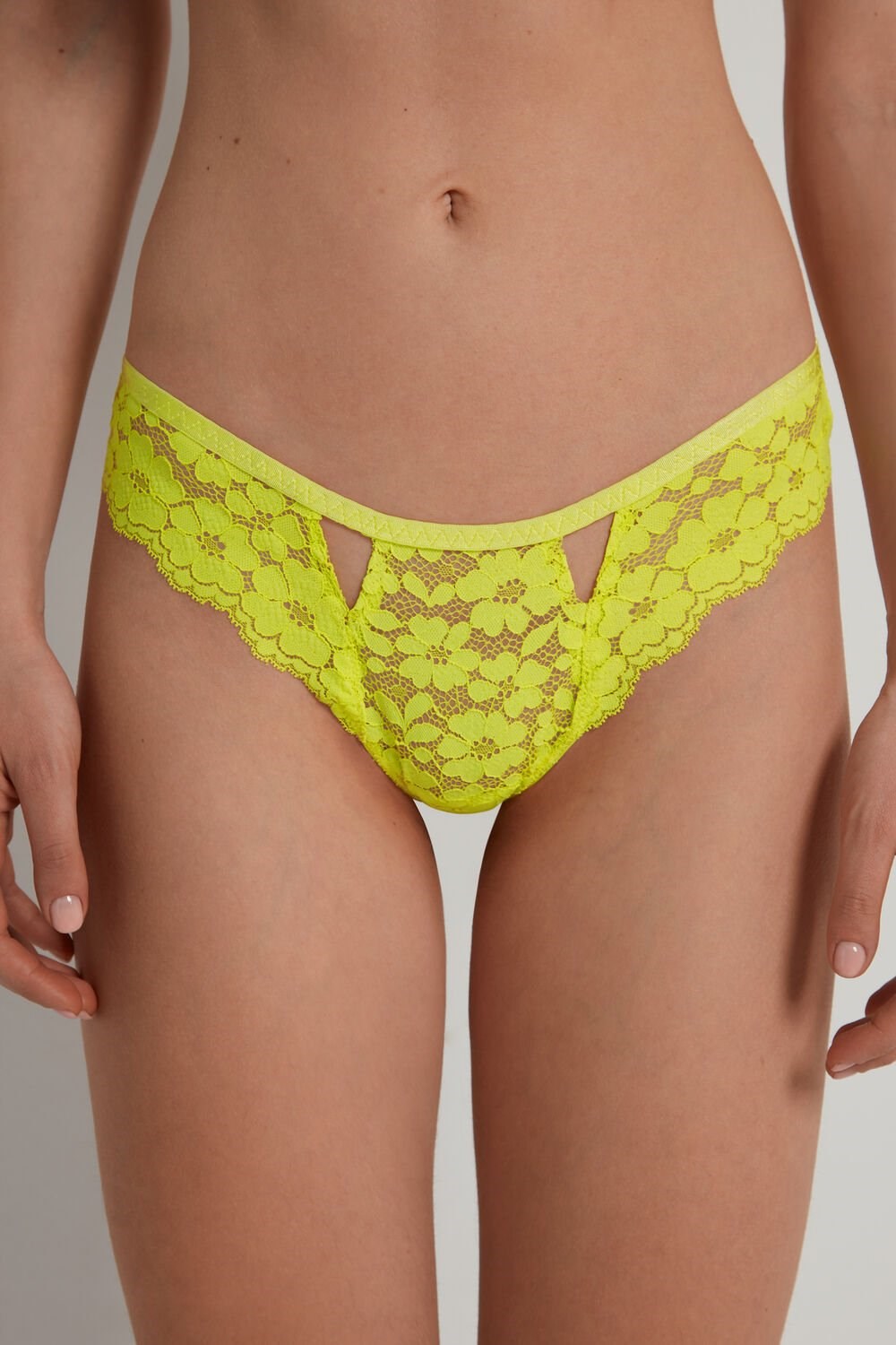 Yellow Bright Lemon Yellow 270v Tezenis High-Cut Lace Brazilian Panties with Cut-Outs | 703849-WRL