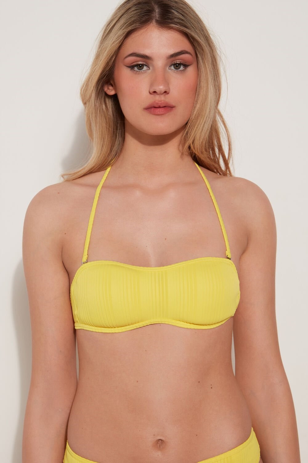 Yellow Lemon Yellow 537v Tezenis Removable Padding Recycled Ribbed Bandeau Bikini Top | 390415-WMY