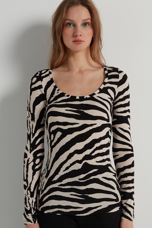 Animal Milk White/Black Zebra Print 306v Tezenis Wide Neck Long Sleeve Top in Printed Viscose | 023716-HGU