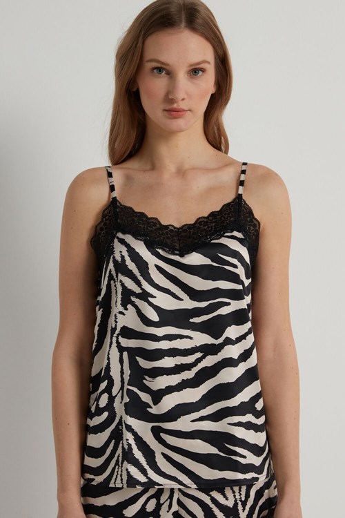 Animal Milk White/Black Zebra Print 306v Tezenis Satin and Lace Tank Top | 928753-OUZ