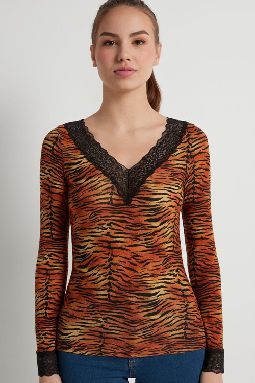 Animal Tiger Print 303v Tezenis V Neck Long Sleeve Top with Lace | 342580-TMG