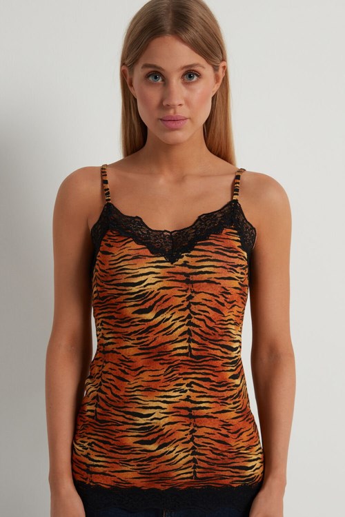 Animal Tiger Print 303v Tezenis V Neck Tank Top with Lace Insert | 465810-EBL