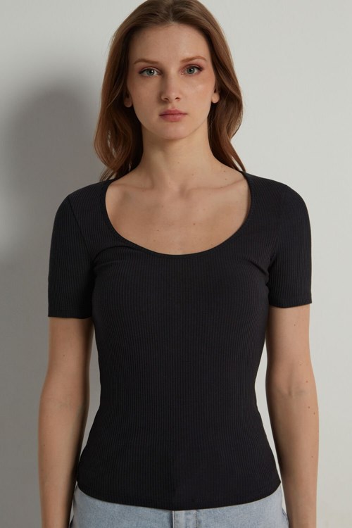 Black Black 019 Tezenis Basic Rib Cotton Scoop Neck T-shirt | 125639-CXD