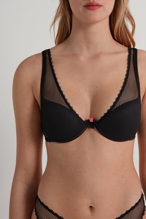 Black Black 019 Tezenis Black Net V-Neck Push-Up Bra | 819624-WPT