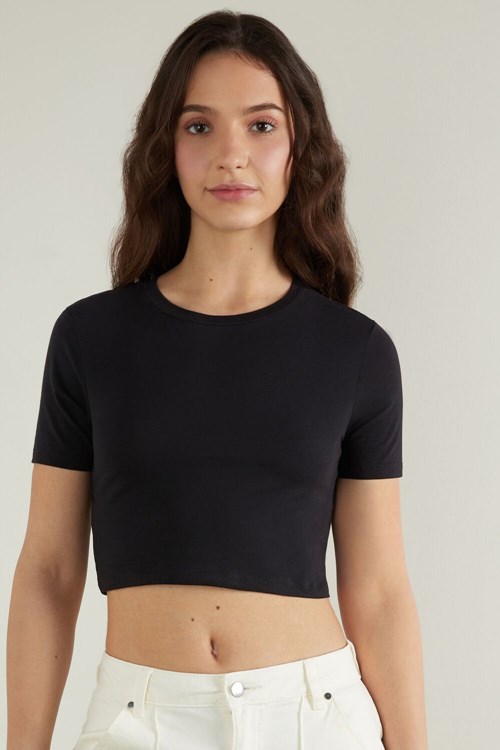 Black Black 019 Tezenis Cotton Cropped Crew-Neck T-Shirt | 371285-YFU