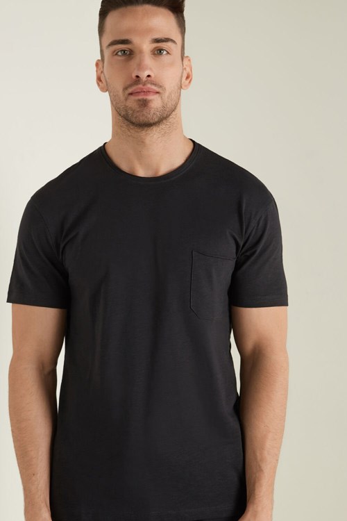 Black Black 019 Tezenis Cotton T-Shirt with Breast Pocket | 074932-OYD