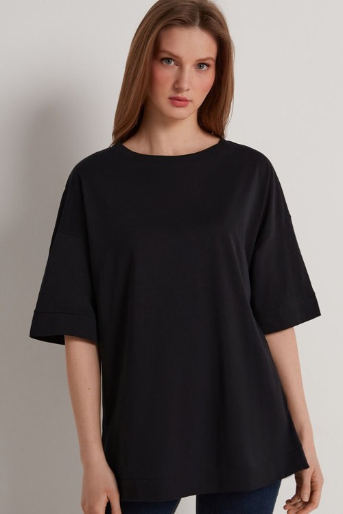 Black Black 019 Tezenis Dropped Shoulder Cotton T-Shirt with Vents | 291867-LOH