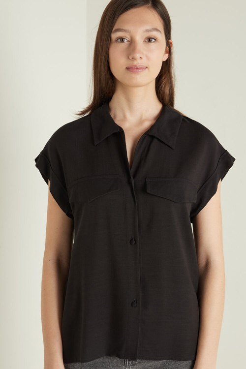 Black Black 019 Tezenis Dropped Shoulder Cloth Shirt with buttons | 705629-EYR