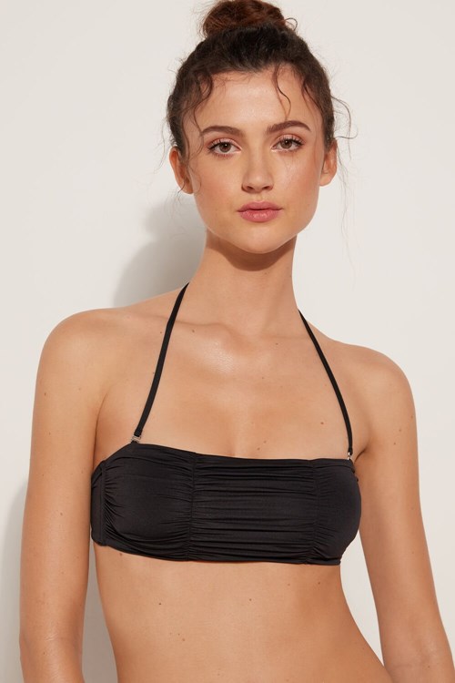 Black Black 019 Tezenis Gathered Recycled Microfiber Bandeau Bikini Top with Removable Padding | 148537-NHW