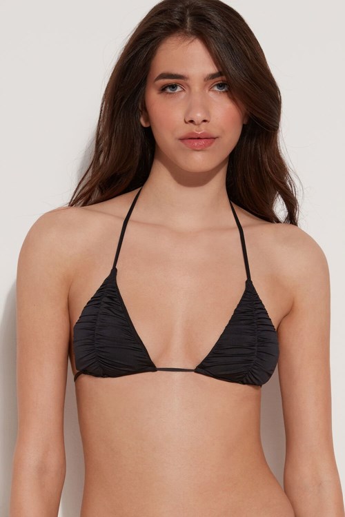 Black Black 019 Tezenis Gathered Recycled Microfiber Triangle Bikini Top with Removable Padding | 519430-QJN