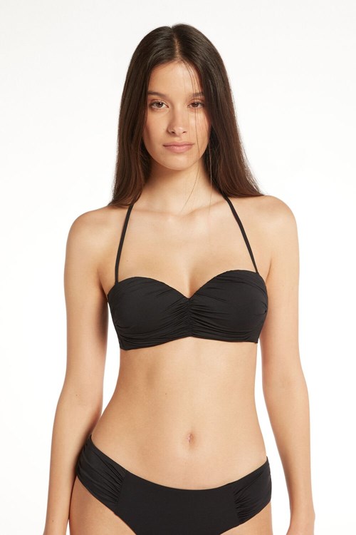 Black Black 019 Tezenis Gathered Recycled Microfiber Padded Bandeau Bikini Top | 615930-MNH