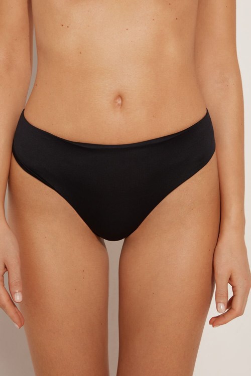 Black Black 019 Tezenis Gathered Recycled Microfiber High Cut Brazilian Bikini Bottom | 650273-KOX