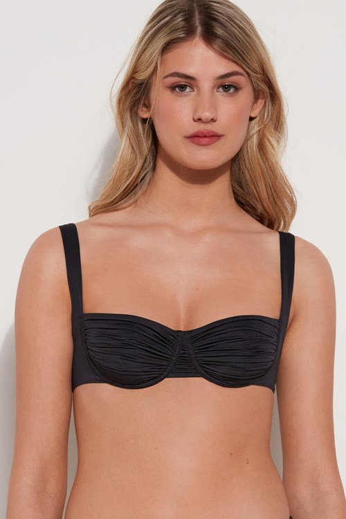 Black Black 019 Tezenis Gathered Recycled Microfiber Balconette Bikini Top | 724095-LSA