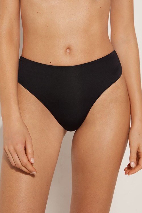 Black Black 019 Tezenis Gathered Recycled Microfiber High Cut Brazilian Bikini Bottom | 785640-JIT