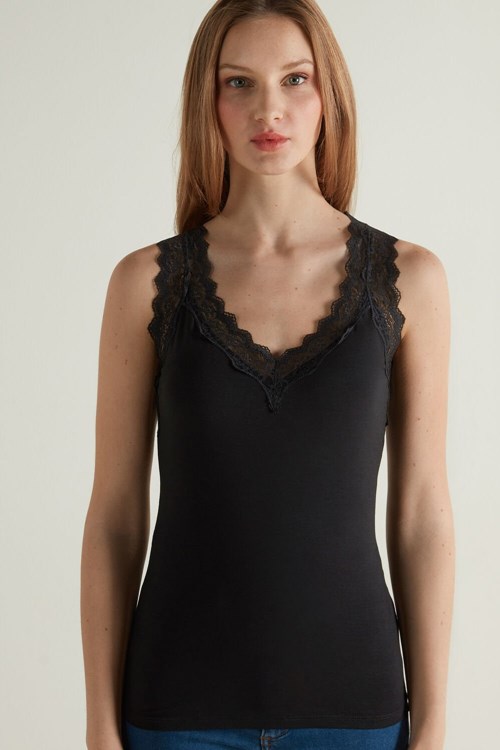 Black Black 019 Tezenis Lace Wide Strap V-Neck Viscose Camisole | 289037-EWP