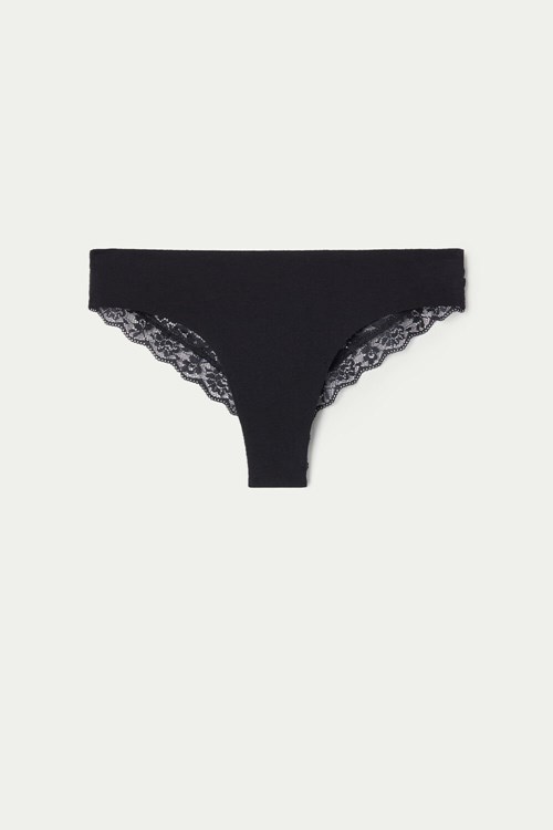 Black Black 019 Tezenis Laser-Cut Cotton Recycled Lace Brazilian Panties | 230897-QYW