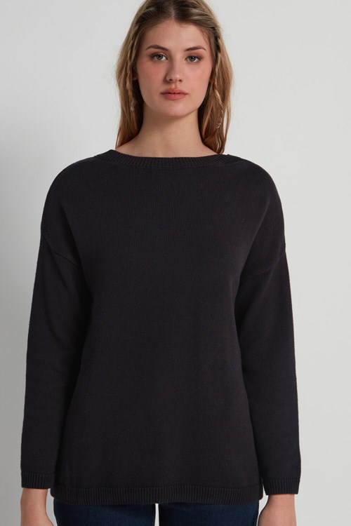 Black Black 019 Tezenis Long Boat-Neck Sweater in Fully-Fashioned Cotton | 346715-UAL