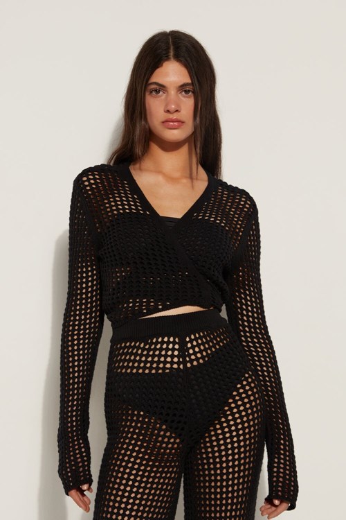 Black Black 019 Tezenis Long Sleeve Crop Cardigan/Top in Mesh Crochet | 871954-ISX