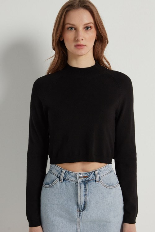 Black Black 019 Tezenis Long-Sleeve Mock Turtleneck Crop Top | 892564-XBK