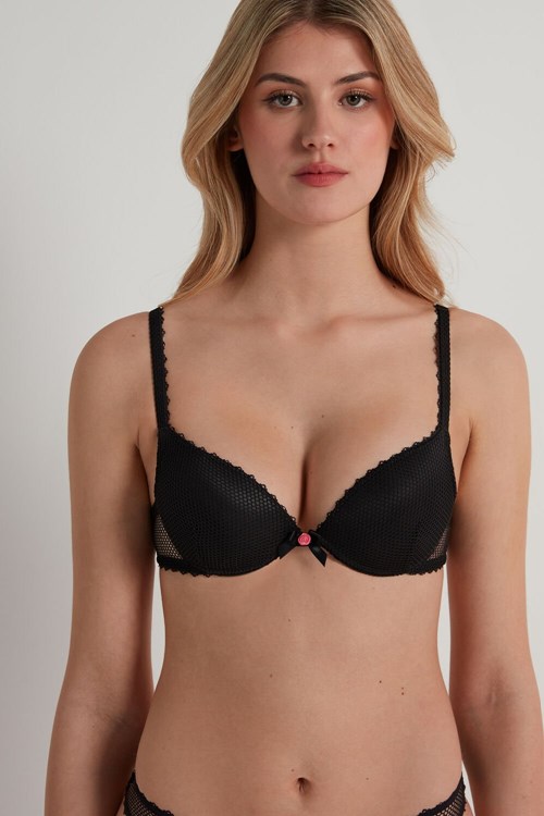 Black Black 019 Tezenis Los Angeles Black Net Super Push-Up Bra | 810423-QFL