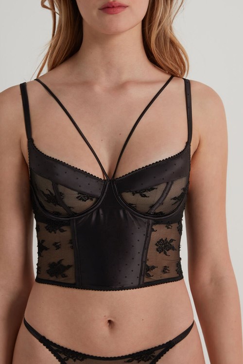 Black Black 019 Tezenis Paradise Lace Balconette Bra Top | 745320-ITZ