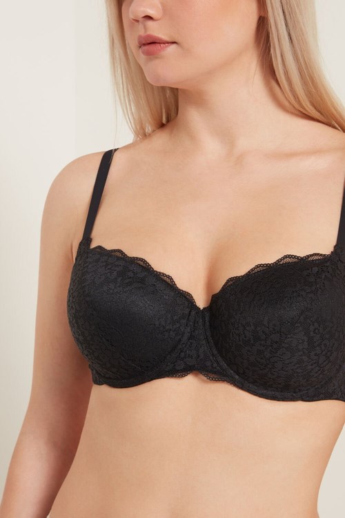 Black Black 019 Tezenis Prague Full Cover Recycled Lace Balconette Bra | 348276-BAQ