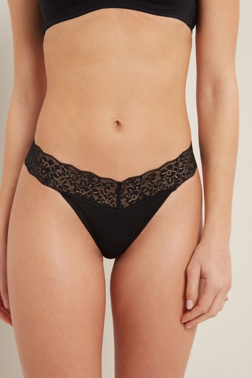 Black Black 019 Tezenis Recycled Cotton and Lace Brazilian Panties | 407831-YVI