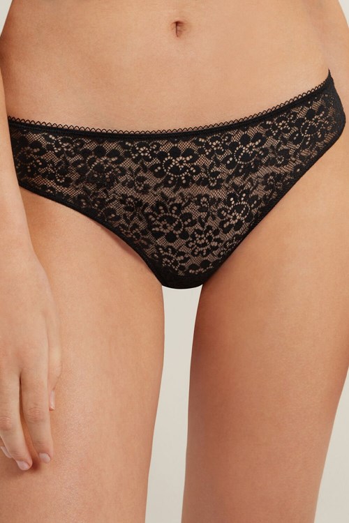 Black Black 019 Tezenis Recycled Lace Laser-Cut Microfiber Brazilian Panties | 890562-VEX