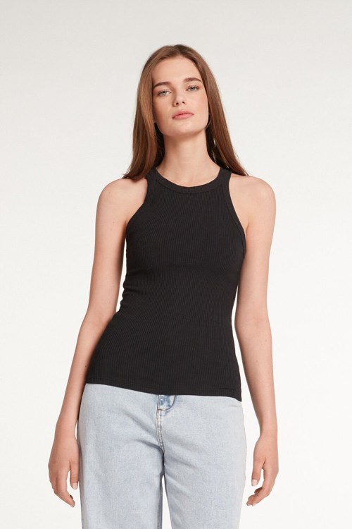 Black Black 019 Tezenis Ribbed Cotton Racerback Tank Top | 148607-JYU