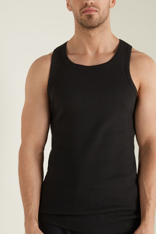 Black Black 019 Tezenis Ribbed Cotton Undershirt | 960251-WJO